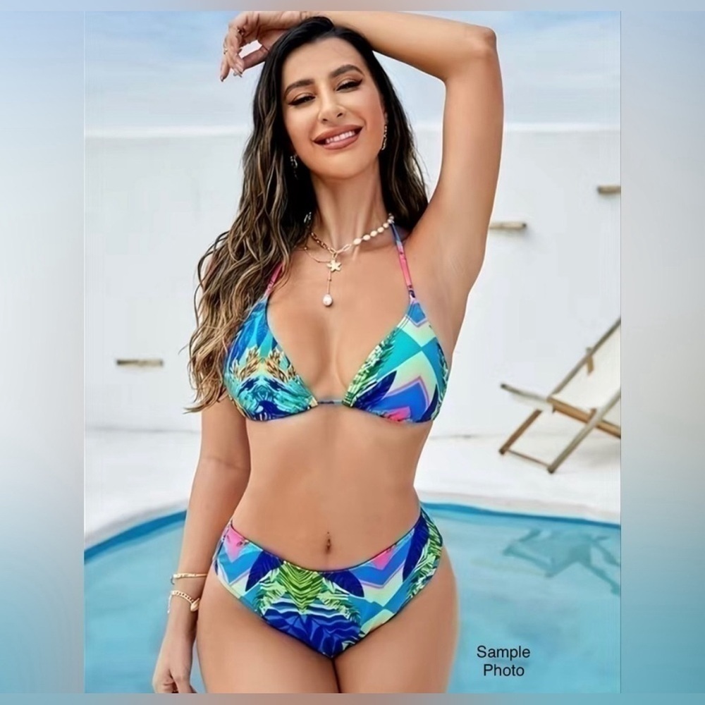 Triangle Halter Neck Bikini Sets, V Neck Tie Back Backless High Waist Cut.